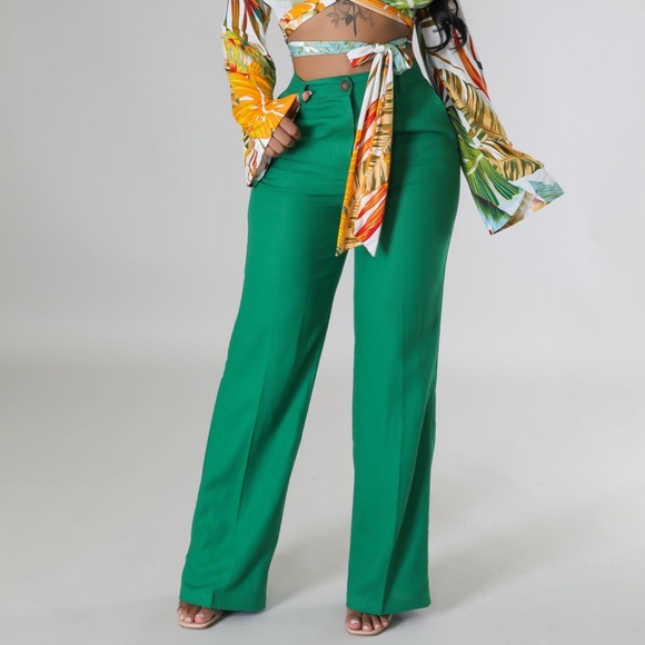 Love Tree Pants - •Living For Linen• Green Linen Straight Front Single Button Wide Leg Pants
